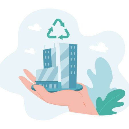 Hand holding model of modern skyscraper with recycle sign on top. Reusing and recycling technology for person flat vector illustration. Eco city concept for banner, website design or landing web page